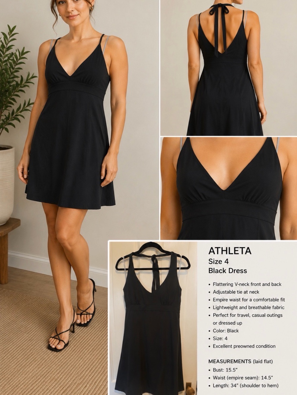 Athleta Black V-Neck Tie-Back Skater Dress